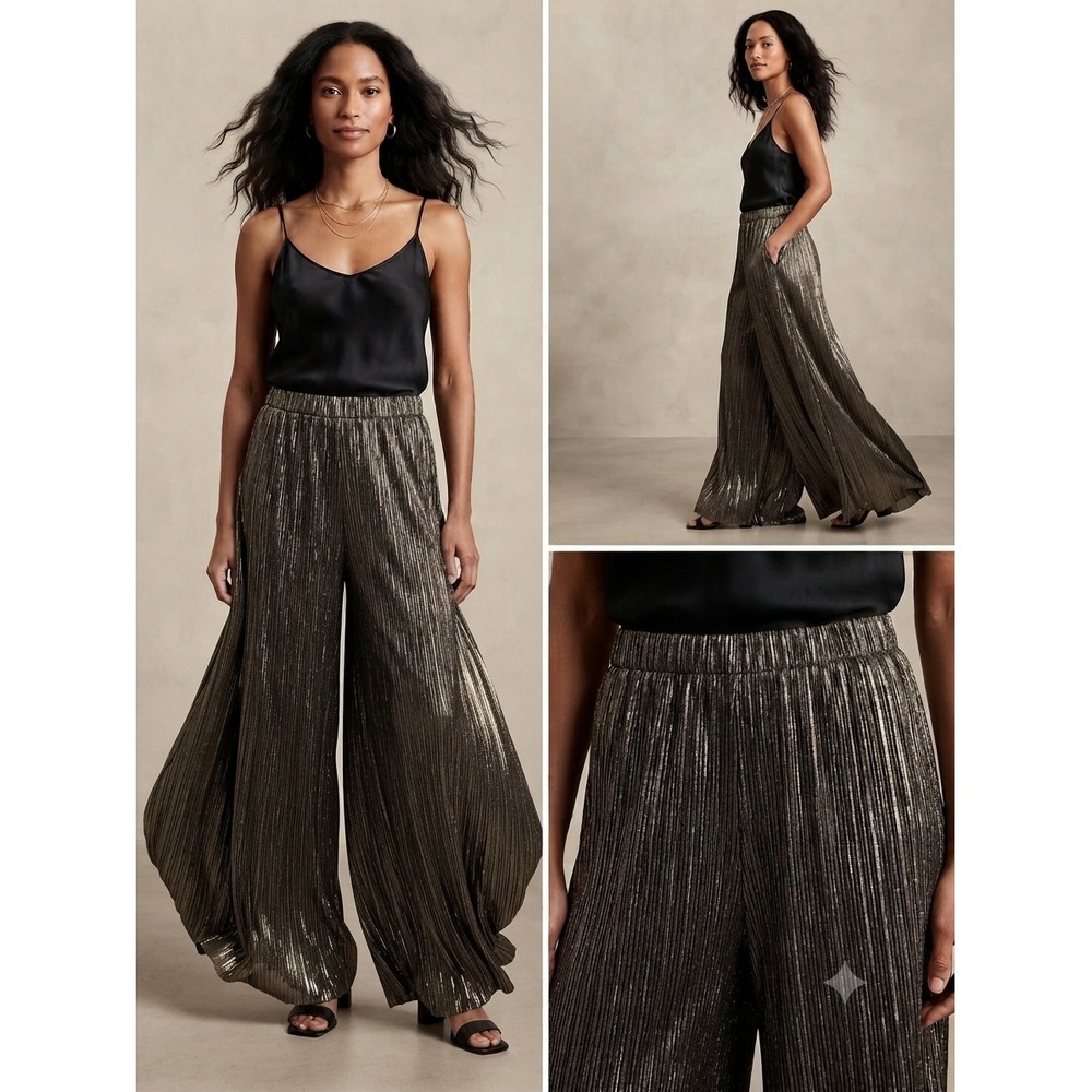 Zara‎ Pants Women Small Gold Wide Leg Pleated Metallic High Waist Party Holiday